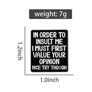 Detail view of square black enamel pin showing dimensions 1.2 x 1.0 inch and 7g weight