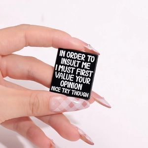 Black acrylic rectangle brooch with white text quote for clothing and scarves
