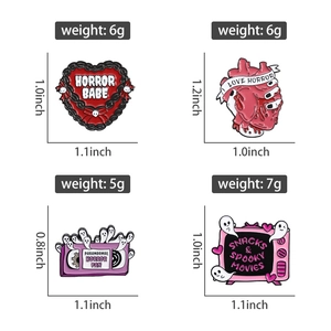 Detailed size and weight specs for horror theme heart, ghost tape, and TV enamel pins