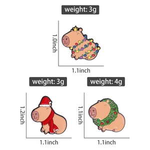 Detailed size and weight specs for Christmas capybara enamel pins in various styles