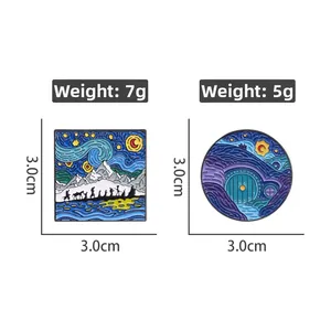 Detail view of Van Gogh style enamel pins featuring Lord of the Rings silhouettes