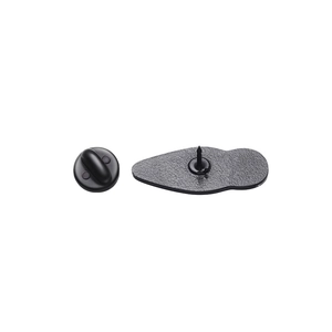Detail view of the black metal pin back component with secure rubber clutch backing