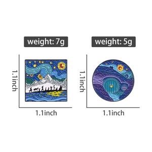 Detail view of Van Gogh Starry Night enamel pins with dimensions and weight specs
