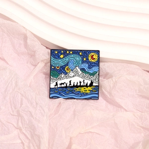 Artistic Starry Night enamel pin with mountain river design and cartoon silhouettes