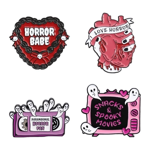Pink punk horror ghost enamel pin set with retro TV and cassette tape designs