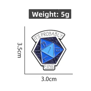 Blue D20 dice enamel pin with size specs 3.5cm by 3.0cm and weight 5g dimensions