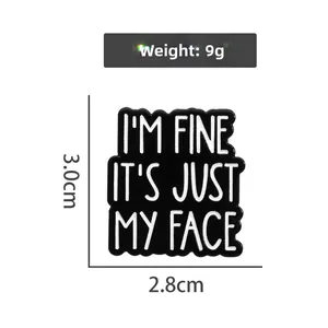 Detailed view of enamel pin with I'M FINE text including size dimensions 3.0cm x 2.8cm