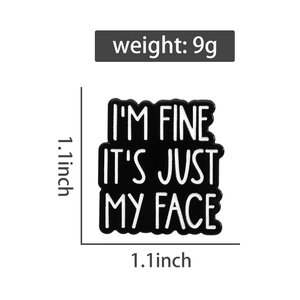 Detail of a 1.1x1.1 inch black enamel quote badge showing its 9g weight and dimensions