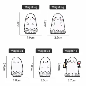 Detailed size chart for five cute ghost enamel pins with precise height and weight specs