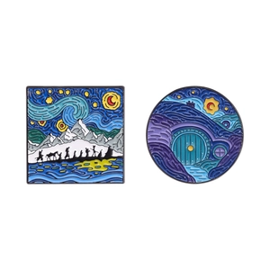 Starry Night oil painting style enamel pins featuring Lord of the Rings themed silhouettes
