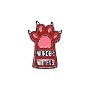 Cartoon cat paw enamel pin with Murder Mittens text and red metal finish for clothing