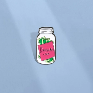 Funny douchebag jar enamel pin featuring glass bottle design with green money bills inside