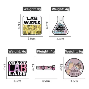 Detailed size and weight chart for five science-themed enamel lapel pins and brooches
