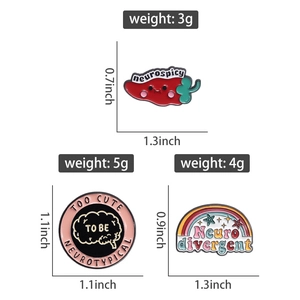 Detailed size and weight specs for Neurospicy pepper and rainbow enamel pins