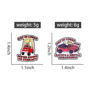 Detailed dimensions of colorful cartoon car enamel pins with weight and size measurements
