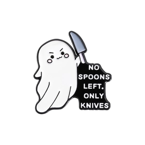 Funny ghost enamel pin with knife and NO SPOONS LEFT text in punk alloy style