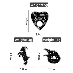 Detailed size and weight specs for gothic enamel raven and goat lapel pins set