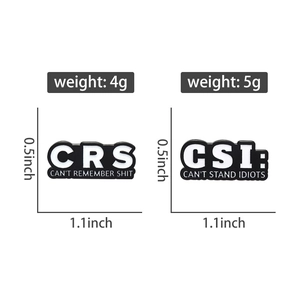 Detailed size and weight specs for CRS and CSI funny black enamel letter pins