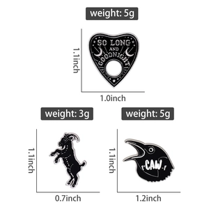 Detailed size and weight specs for Ouija heart, black goat and crow enamel pins