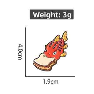 Detail view of cute red fish enamel pin showing dimensions 4.0cm height and 3g weight
