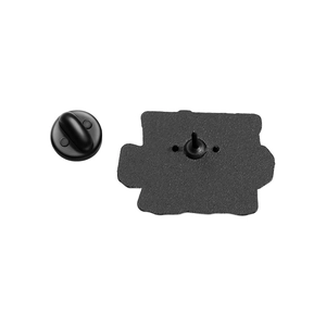 Back view of the cartoon pin with black rubber clutch and metal needle for clothing