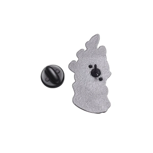 Rear view of cartoon animal metal badge with matte texture and black rubber butterfly clutch