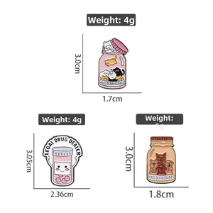 Detail of creative medical-themed enamel pins showing sizes and weights of various designs