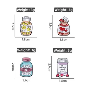 Detailed view of four colorful medical enamel pins with specific size and weight labels