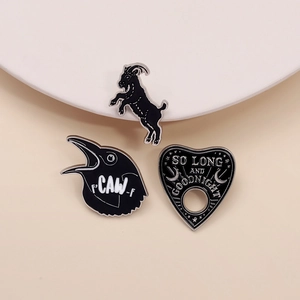 Gothic style black goat crow and heart planchette enamel pins set for jackets
