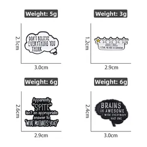 Detailed view of four black and white enamel pins with size and weight specifications