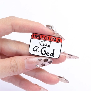 Handheld rectangular enamel name tag brooch featuring Hello I'm a Child of God text