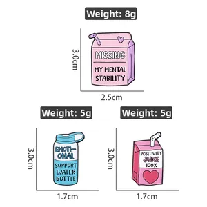 Detailed size chart of colorful creative juice and milk box enamel pins with dimensions