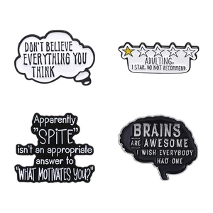 Creative alloy quote brooch set with humorous English slogans and white enamel finish
