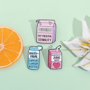 Three-piece mental health themed enamel pins set featuring colorful drink cartons