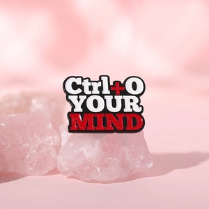 Creative Ctrl+YOUR MIND enamel brooch with black and white metal finish on pink crystal