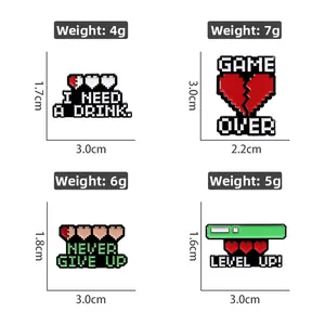 Detailed view of pixel art enamel pins with game slogans and precise dimensions