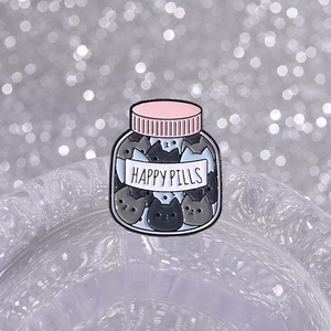 Pin's en émail Happy Pills rose avec d'adorables chats de dessin animé dans un flacon