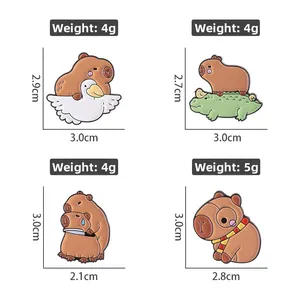 Detailed dimensions of cartoon capybara enamel pins with crocodile and bird motifs