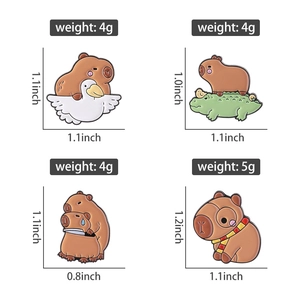 Detailed dimensions and weight specifications of four cute Capybara enamel badges