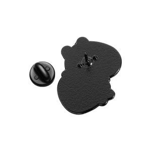 Detailed back view of capybara metal brooch with pin and black rubber clutch backing