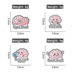 Detailed size and weight specs for four pink brain enamel pins with unique designs