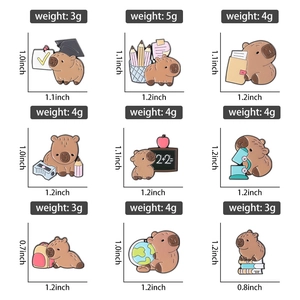 Detailed size and weight chart for nine cartoon capybara enamel pins with school motifs