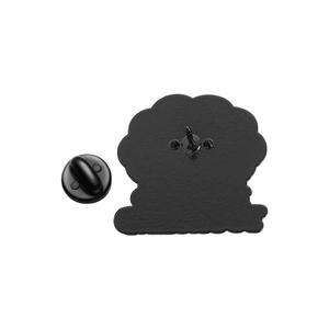 Detail view of the matte black pin back and rubber clutch for enamel badges