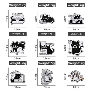 Detailed size guide and weight specs for nine unique cartoon black cat enamel pins