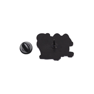 Detailed back view of a black enamel cat brooch with metal pin and rubber butterfly clasp