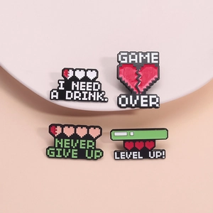 Set of 4 retro pixel art enamel pins with heart and health bar gaming themes