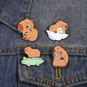 Cute capybara enamel pin set for backpacks featuring four cartoon animal designs