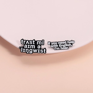Linguist and English grammar black enamel brooch pins set on a minimalist platform