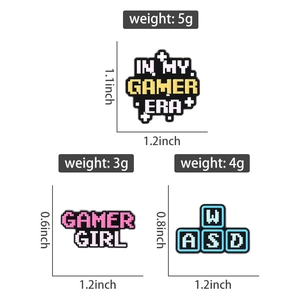 Detailed dimensions and weight of Gamer Era and Gamer Girl enamel pins in inches and grams