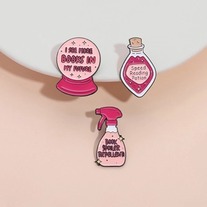 Pink potion bottle enamel pins set with cute book reader theme for backpacks